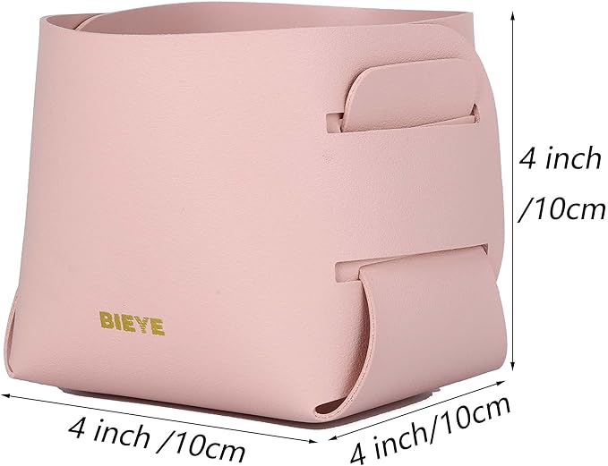 Bieye LSB001 Collapsible Leather Storage Bin Decorative Desk Organizer for Jewelry Makeup Pen Pencil Glasses Remote Controller Storage (Pink, 4WX4LX4H)