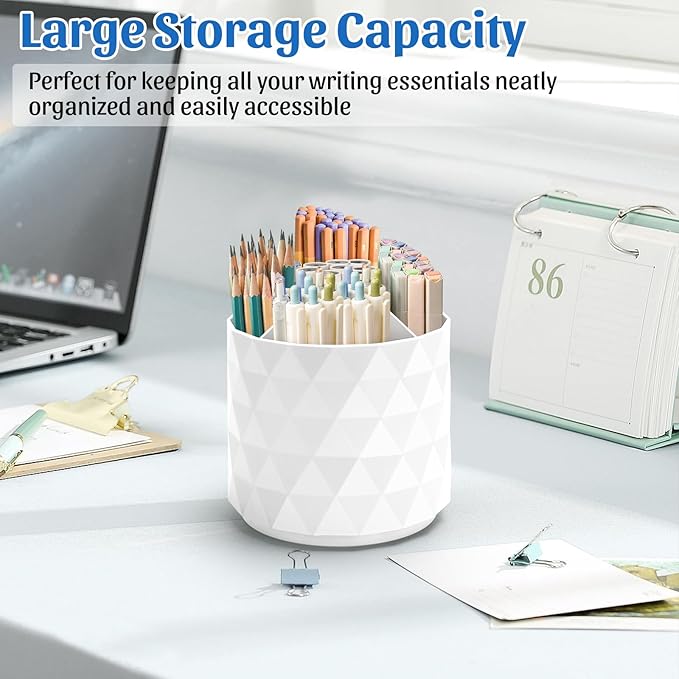 Desk Organizer,Sparkling Diamond-like Pen Holder for Desk 360°Rotating Office Accessories,Pencil Cup with 5 Compartments Storage Box Caddy for Office,School,Home,Art Supply(White)