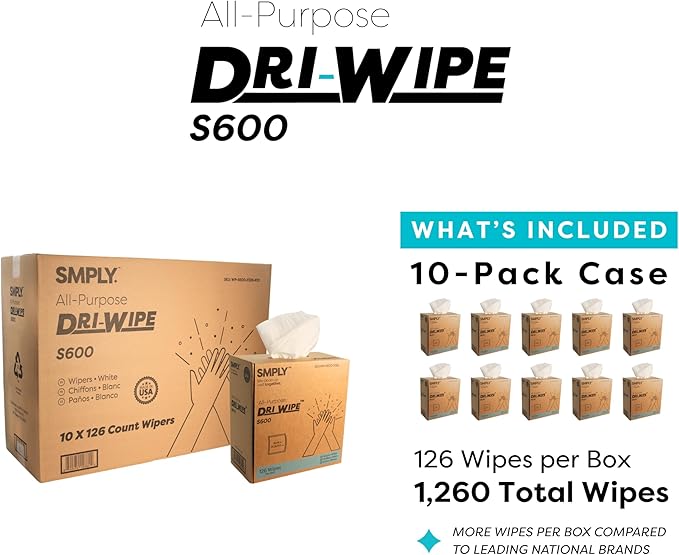 Dri-Wipe S600 by SMPLY Brands – All-Purpose Disposable Wipes, 10 Boxes of 126 (1,260 Total), Strong Alternative to Shop Towels & Paper Towels, 8" x 14" Center-Pull Sheets