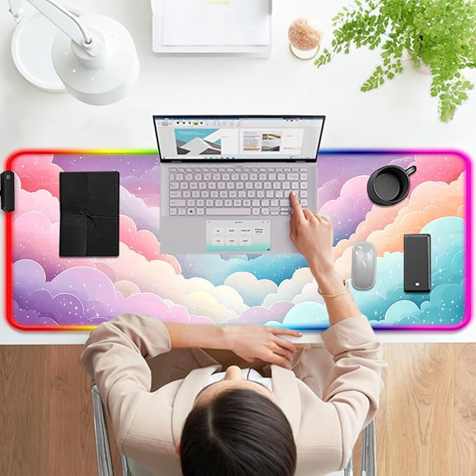 RGB Dreamy Colorful Cloud and Star Gaming Desk Mat, Computer Keyboard Large Extended Long Girly LED Mouse Pad for Office and Home, XL (W08)