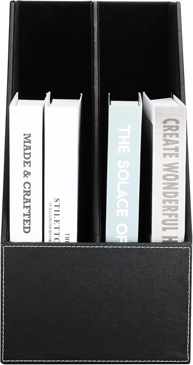 KINGFOM Wooden Leatherette Desktop File Folder Organizer and Document File Stand Journals Magazine Rack 2 Slots (black)