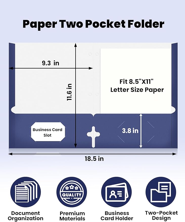 SUNEE Folders with Pockets 3 Hole Punched(50 Pack, Dark Blue), 2 Pocket Folders Fit Letter Size Paper, Paper File Folder for School Office Home Bussiness
