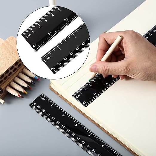 eBoot 2 Pieces Plastic Ruler Straight Ruler 12 Inch Black Plastic Rulers Measuring Tool for School, Home, or Office