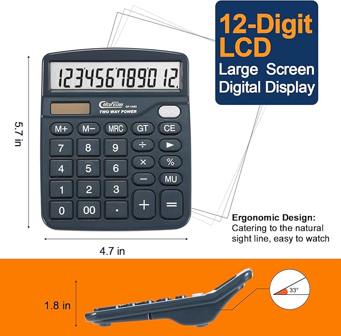 Calculator, 12 Digits Desk Calculators with Large Display LCD & Sensitive Big Buttons Dual Power Solar with Battery Standard Functions Basic Calculators for Offices Home Schools CF-1453