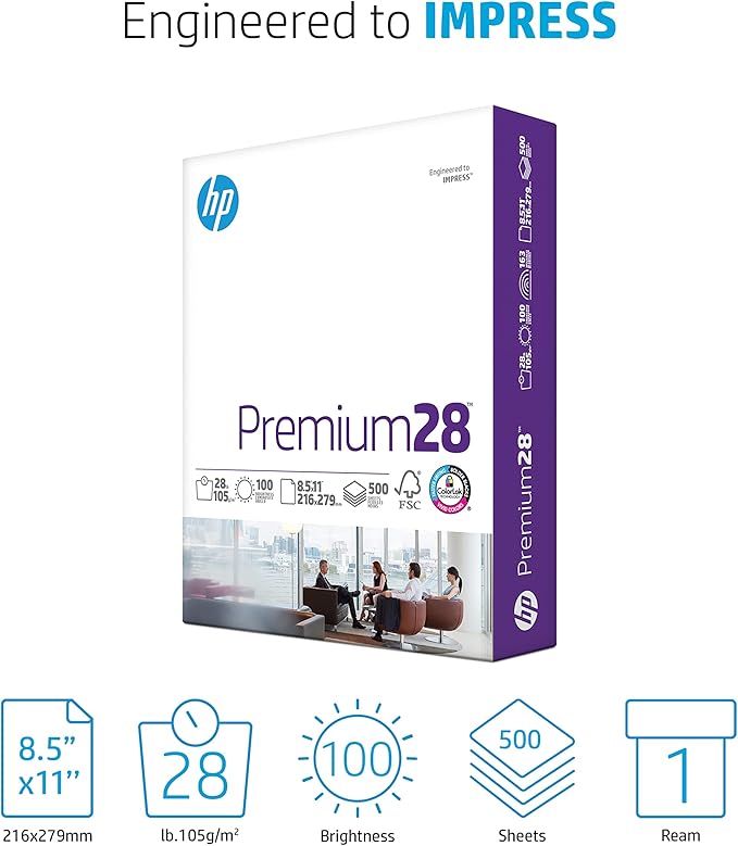 HP Printer Paper | 8.5 x 11 Paper | Premium 28 lb | 1 Ream - 500 Sheets | 100 Bright | Made in USA - FSC Certified | 205200R