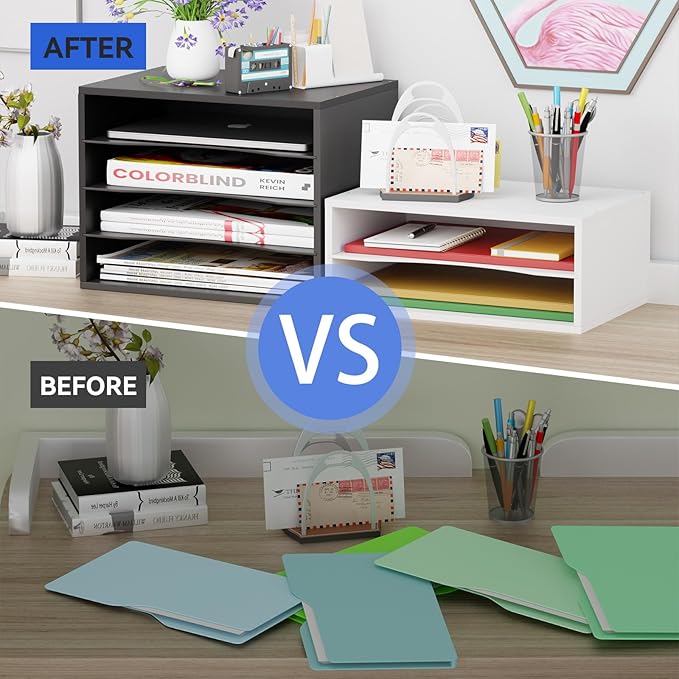 Wood Desktop Letter Tray File Organizer, Paper Storage Mail Sorter with 3 Adjustable Drawer Boards for Home and Office, Black