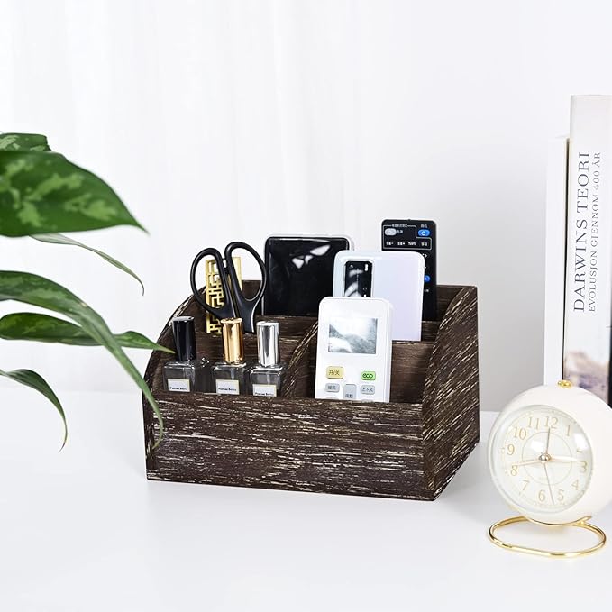 Wood Desk Organizer, Solid Wooden Dark Brown Pen Holder for Desktop Organizer, No Need Assembly, Home Office Supplies Workspace Organizers Mail Holder Remote Control Countertop Storage Box