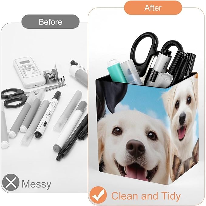 Pen Holder Square Leather Pencil, Holder Cup Makeup Brush Storage Organizer, Waterproof Multifunctional Office Supplies Cute Dogs