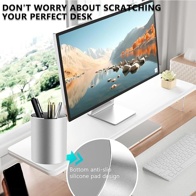 Pen Holder for Desk,Metal Aluminum Pencil Holder， for Pen Organizer for Desk, School, Home and Stationary Supplies, Advanced sense Pen Holder Non-Slip Silicone Bottom Round Silver Pencil Cup (Silver)