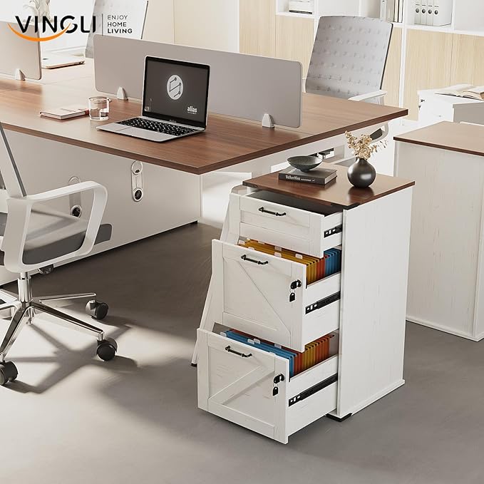 VINGLI 3 Drawer File Cabinet with Lock, Home Office Filing Organizer, for Letter Size File Folder Storage, Modern Farmhouse Style, Wood Vertical Filing Cabinet, Archivador (Rustic White & Brown)