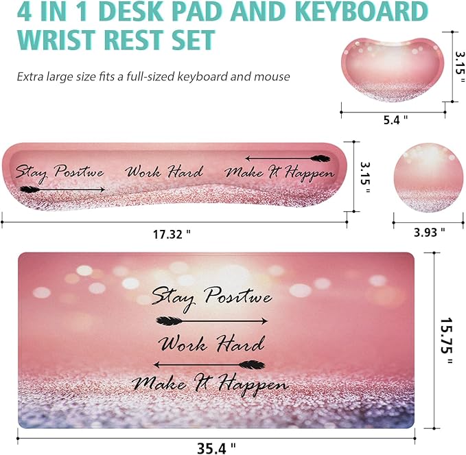 Desk Mat Pad, XXL Large Gaming Mouse Pad with Wrist Rest Wrist Support, 4in1 Desk Pad Set with Ergonomic Design Non-Slip for Home Office Gaming(Blue and Pink Quotes)