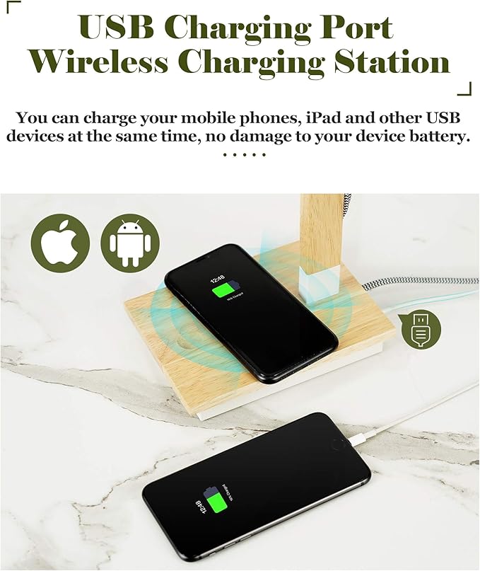 ELYONA Wireless Charging White Desk Lamp, Touch Control Rubber Wood Table Lamp with USB Charging Port, Swing Arm Reading Task Lights for Office, Dorm, Living Room Bedroom, Farmhouse, Bulb Included