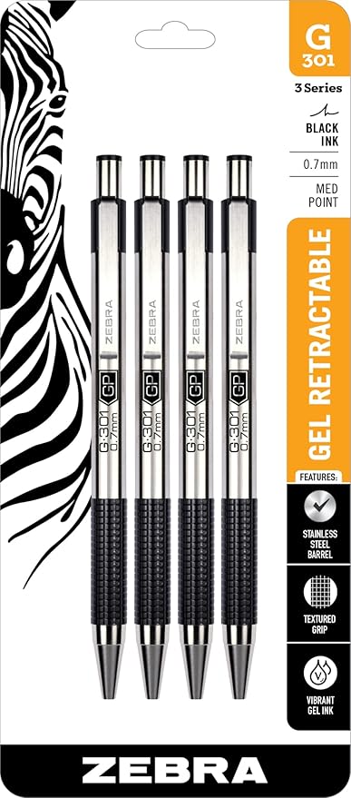 Zebra Pen G-301 Retractable Gel Pen, 0.7mm Medium Point, Stainless Steel Barrel, Ideal for Office Supplies, School Supplies & Teacher Supplies, Black Ink, 4-Pack (41314)