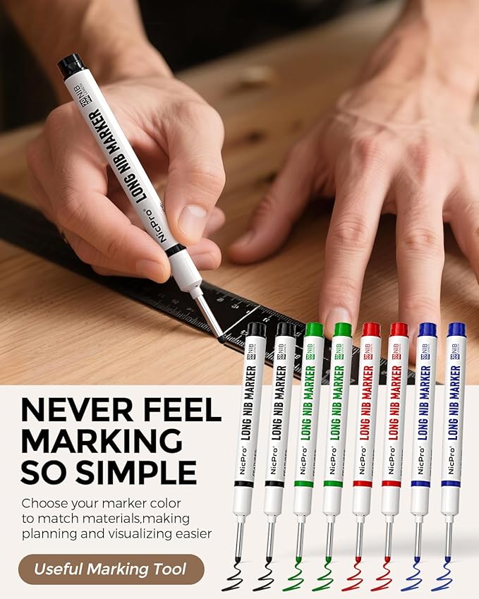 Nicpro 8 PCS Long Nib Marker Pens, 20mm Deep Hole Marker, Quick Dry & Waterproof Construction Markers, Long Head Markers for Metal, Steel, Tile, Glass, Carpenter Marking Pen for Woodworking (4 Colors)