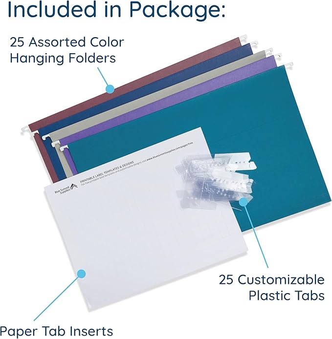 25 Blue Summit Supplies Colored Hanging File Folders Legal Size, 9.5" x 14.75", Legal Size Hanging File Folders for Filing Cabinet with Plastic Tabs and Inserts, Assorted Jewel Tone Colors, 11pt Paper