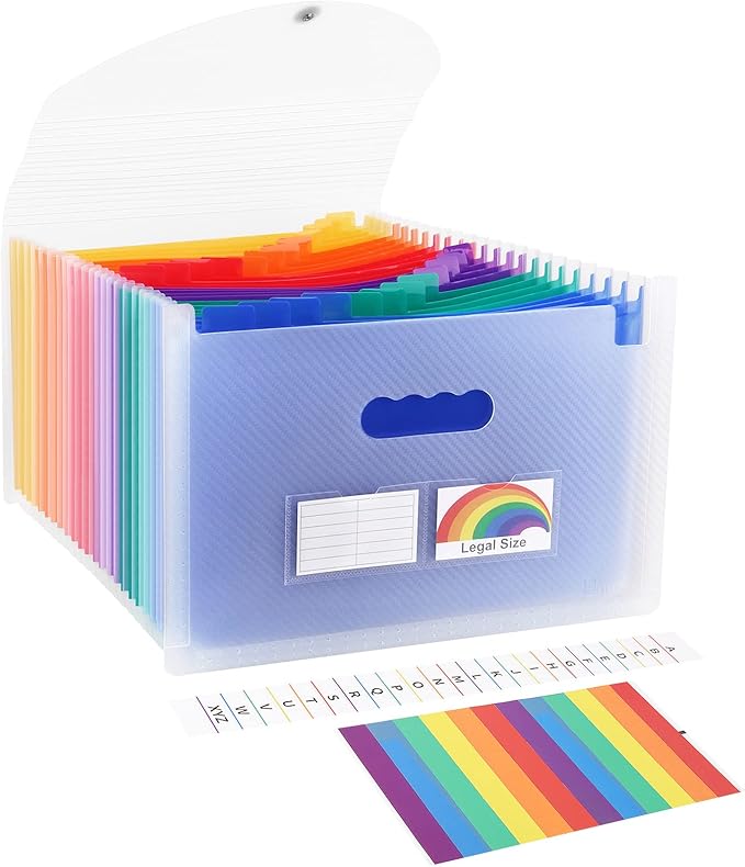 Uquelic Accordion File Organizer, Legal File Folder with 24 Pockets, Expanding File Folder with Color Index& Elastic Strap, A4 Document Folder for Receipt, Bills, Important Documents (Clear)