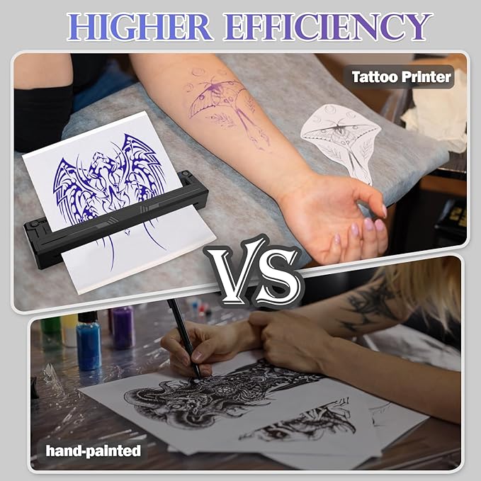 Wireless Tattoo Stencil Printer, Portable Bluetooth Thermal Tattoo Printer with App Custom-Size≤ A4, Print Realistic Portraits, 10 Transfer Papers Included, Works for Phone/Tablet/PC - Black