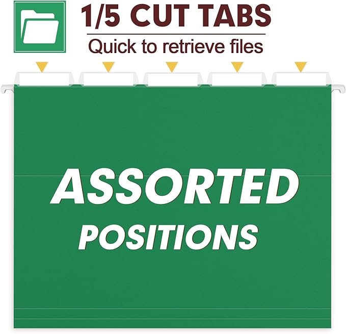 HERKKA Hanging File Folders, 60 Pack Reinforced Letter Size Hanging Folders, Designed for Bulky Files, Filing Cabinet, 1/5-Cut Adjustable Tabs (Green)