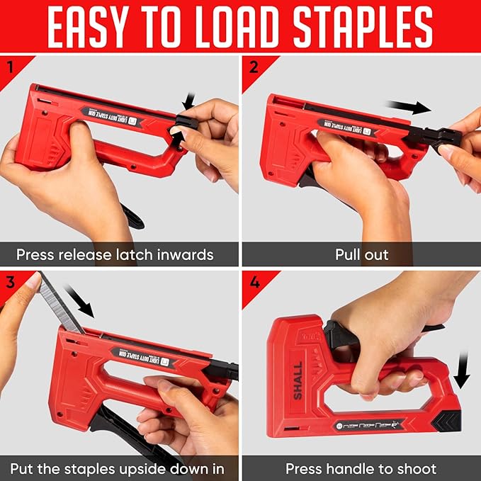 SHALL Light Duty Staple Gun for Wood - Red Upholstery Staple Gun with 1600pcs JT21 Staples 1/4, 5/16, 3/8 inch and Staple Remover - Fabric Stapler Gun for Crafts, DIY, Decoration