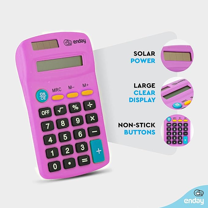 Calculator Purple, Basic Small Solar and Battery Operated, Large Display Four Function, Auto Powered Handheld Calculator School and Kids Available in Green, Red, Blue, Grey, Pink, 24 PK – by Enday