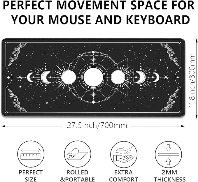 Moon Phases Celestial Witchy Tarot Astrology Witch Aesthetic Extended Desk Pad Mouse Pad,Stitched Edges Non-Slip Rubber Base XL Mouse Mat Desk Mat for Office Home Work Mousepad(27.5X11.8 Inch)