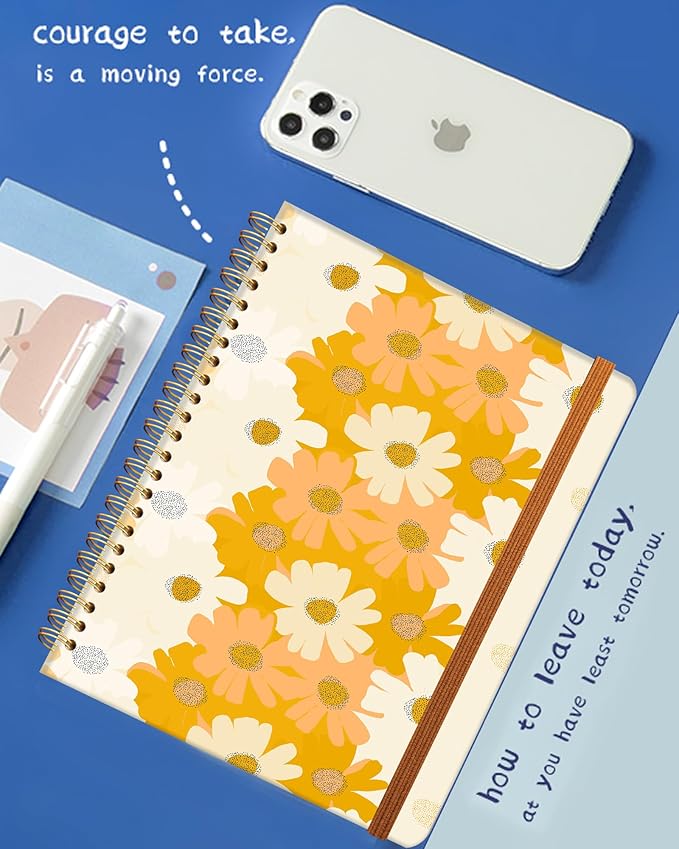 Ruled Spiral Writing Notebook,A5 Hardcover Lined College Journal for Women,Strong Twin-Wire Binding with Premium Paper,8.4" X 6",Perfect for School,Office,Home(Yellow Flower)