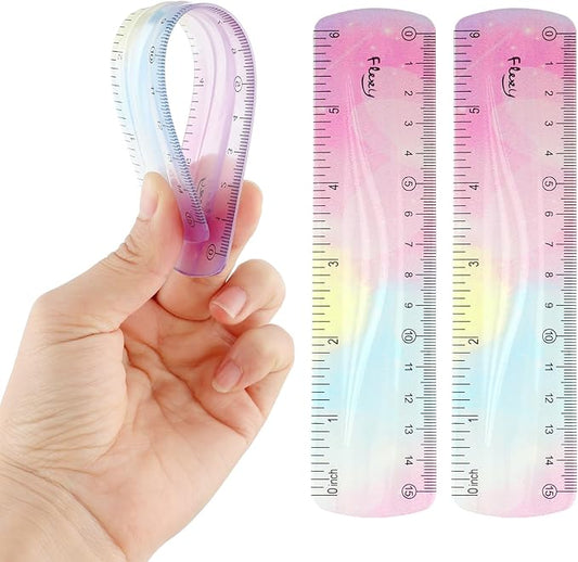 2Pcs Soft Flexible Ruler, Mabor 6Inch Bendable Ruler Plastic Bend Ruler with Centimeters and Inches Colorful Straight Ruler for Kids Student Home School Office Supplies