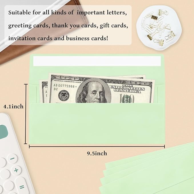 100 Pack #10 Business Envelopes, Light Green Standard Envelopes Self Seal, Letter Size Mailing Envelopes for Checks Letters Invoices Christmas Birthday Graduation Wedding, 4 1/8 x 9 1/2 Inch