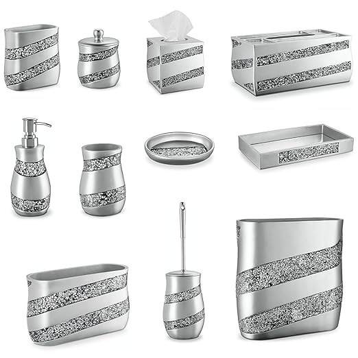 Creative Scents Silver Mosaic Bathroom Trash Can 2.11 Gal / 8L - Decorative Waste Basket for Bathroom - Durable Slim Small Garbage Can for Bathroom, Powder Room, Bedroom or Living Room Decor