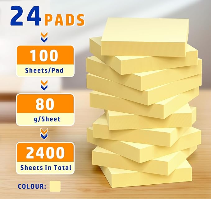 (2400pcs) Yellow Sticky Notes Mini,2 x 2in Small Sticky Notes,24 Pack Notes Pads Memo Pads,100 Sheets/Pad Strong Self-Adhesive Notes Easy to Post for Home, Office, School, Clean Removal