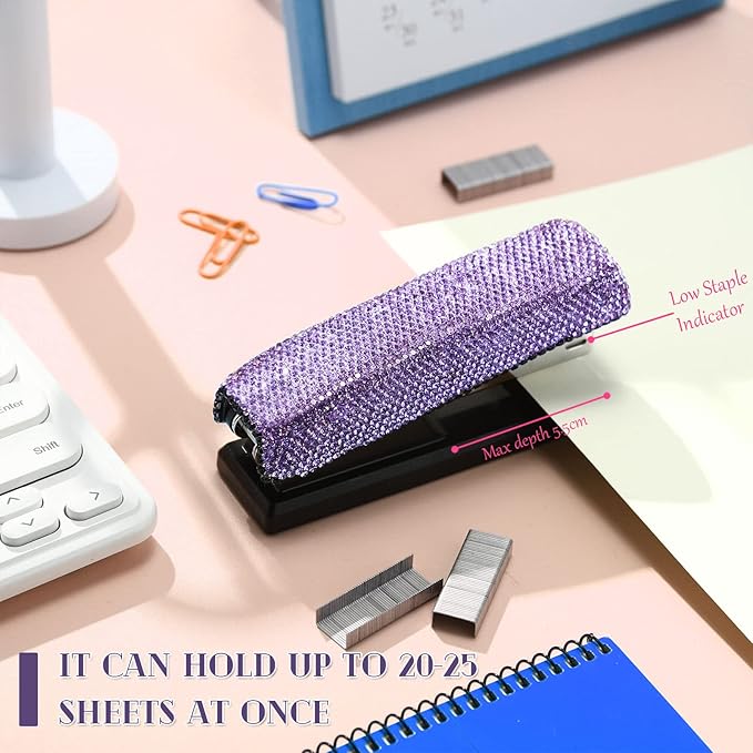 Yexiya Bling Crystal Stapler Gift Sparkly Diamond Stapler for Desk Handmade Clay Rhinestone Machine Pretty Office Stationery Kit Stylish Accessory for Women Lady Christmas(Purple)
