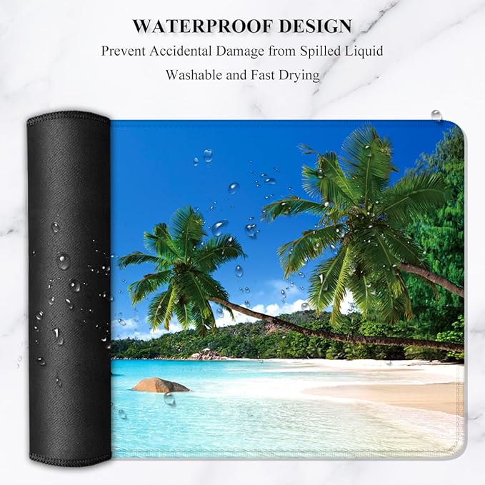Auhoahsil Large Gaming Mouse Pad, Beach Theme XXL 35.4 x 15.7 in Desk Pad Stitched Non-Slip Rubber Long Computer Mousepad Thin Extended Full Size Desk Mat for Desktop, Laptop, Wireless Mice, Blue