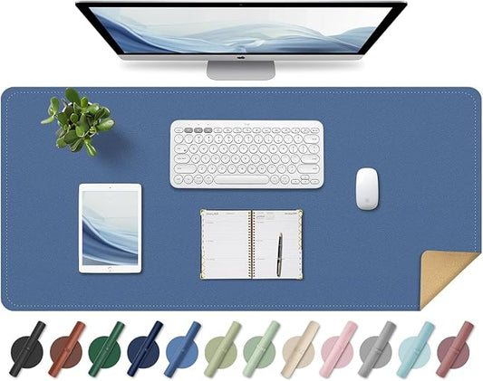 Non Slip Desk Mat, 31.5" x 15.7" PU Leather Desk Pad, Cork Desk Mat for Desktop, Desk Pad for Keyboard and Mouse, Ideal for Office and Home, Lake Blue