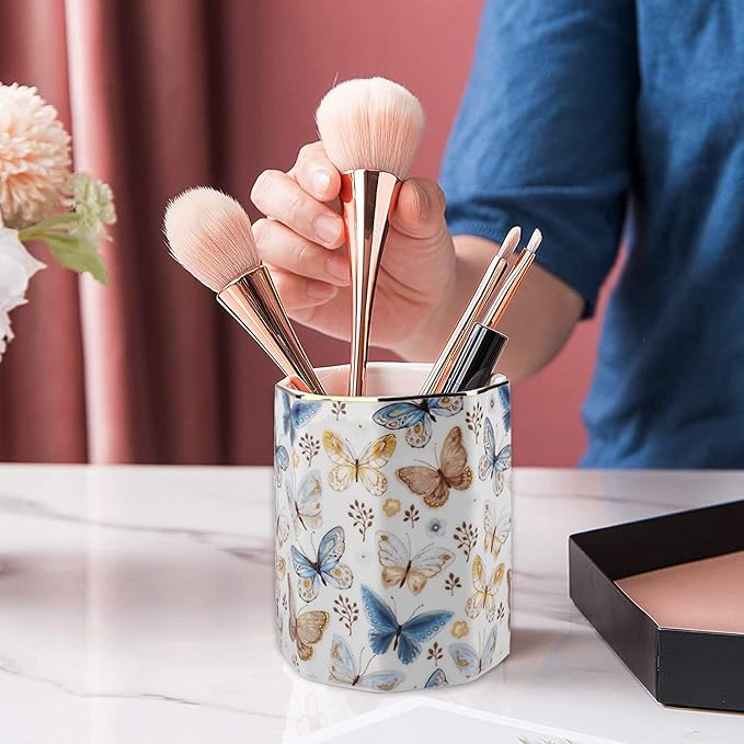 Jwest Pen Holder, Ceramic Shiny Gold Graphic Butterfly Pattern Pencil Cup for Girls Kids Women Durable Stand Desk Organizer Makeup Brush Holder Gift for Office, Classroom, Home Butterfly