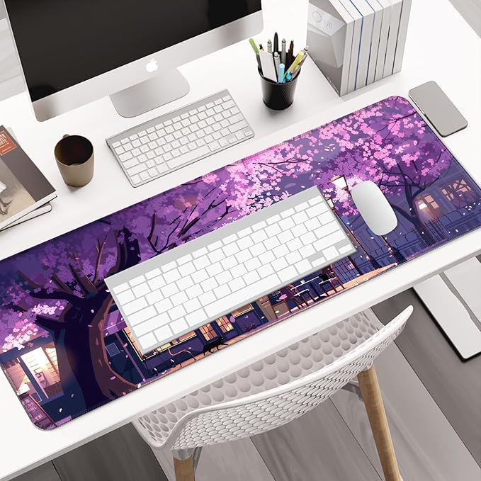 Japanese Purple Cherry Blossoms and Cat Gaming Desk Mat, Extended Large Romantic Street Scene Aesthetic Mouse Pad, Computer Keyboard Laptop Mousepad for Work, Office and Home, XL