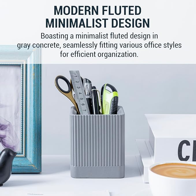 MyGift Fluted Gray Concrete Pen Holder for Desk – Modern Office Stationery Organizer for Pens, Pencils, and Supplies