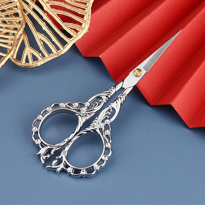 Small Scissors Vintage European Style Scissors Stainless Steel for Cross Stitch Cutting Embroidery Sewing Handcraft Craft Art Work DIY Tool, Silver