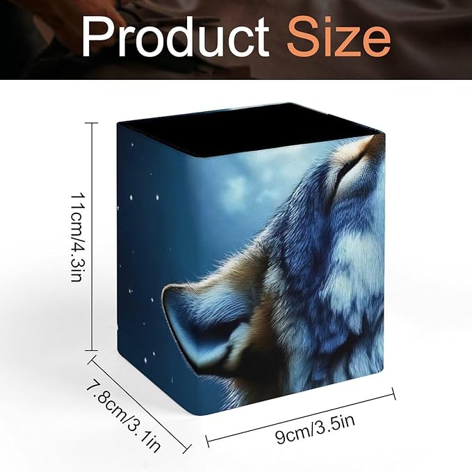 Holder Cup Makeup Brush Storage Organizer, Waterproof Multifunctional Office Supplies, Pen Holder Square Leather Pencil Full Moon Wolf