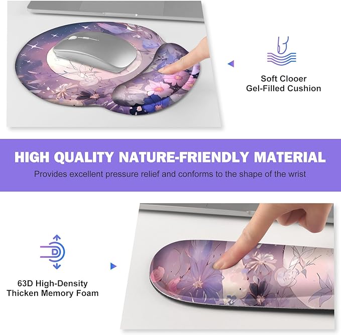 Large Desk Mat, Gaming Mouse Pad, Desk Pad Protector, XXL Mousepad + Keyboard Wrist Rest+Mouse Wrist Rest+Coaster Set with Ergonomic Desk Pad for Home Office PC Computer, Pastel Purple Flower Moon