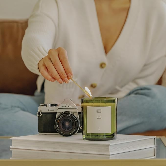 Craft & Kin 12oz Bamboo Jasmine Candle for Home | Premium Green Fall Scented Candles for Men | Made with Natural Soy | Gifts for Men and Women | Nature Collection