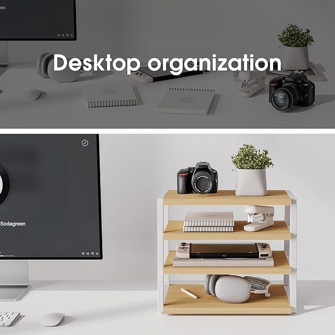 Fenge Desk Shelf Organizer, 4 Tier Desktop Shelf, Wood and Metal Office Shelves, Corner File Organizer for Office Supplies, Top of Desk Organizers and Accessories