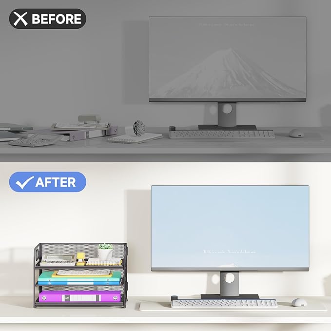 3 Tier Paper Organizer with Handle, Metal Desk Organizer Mesh Paper Letter Tray Desktop File Folder Document Sorter for Classroom, School, Office Accessories Organization and Storage - Grey