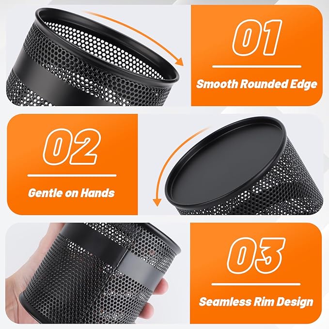 Segarty Pen Cup, 3 Pack Black Pen Holder for Desk, 3.9 x 4.2 inch Large Metal Round Pencil Container Set Marker Holder for Office Supply, Desktop Accessories, Makeup Brush, School Student Teacher