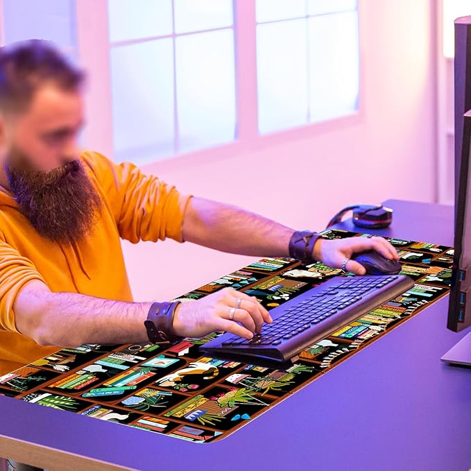 Vimorco Desk Mat Mouse Pad Cozy Cats, Cute Cat XXL Extended Large Gaming Desk Pad Mousepad, Computer Laptop Keyboard Mouse Mat for Work/Game/Office/Home 31.5x15.7 in, Bookshelf Greenery