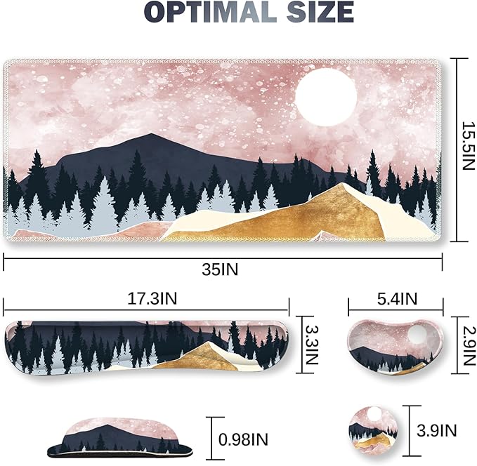 ARTSO Extended Gaming Mouse Pad Set, Keyboard Wrist Rest Support Pad + Wrist Cushion + XXL Large Mouse Pad + Coaster, Stitched Edge, Non-Slip, Memory Foam Desk Mat, Pink Abstract Mountain