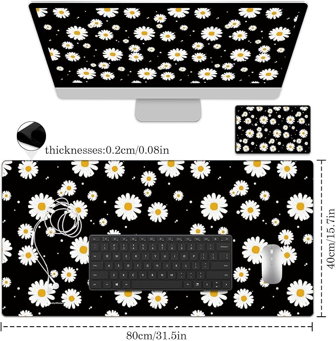 White Daisy Daisy Pad Protector, Stitched Edges Mouse Pad, Large Office Mat, Non-Slip Desk Blotter, Laptop Desk Pad, Flower Writing Pad for Office and Home (31.5" x 15.7")