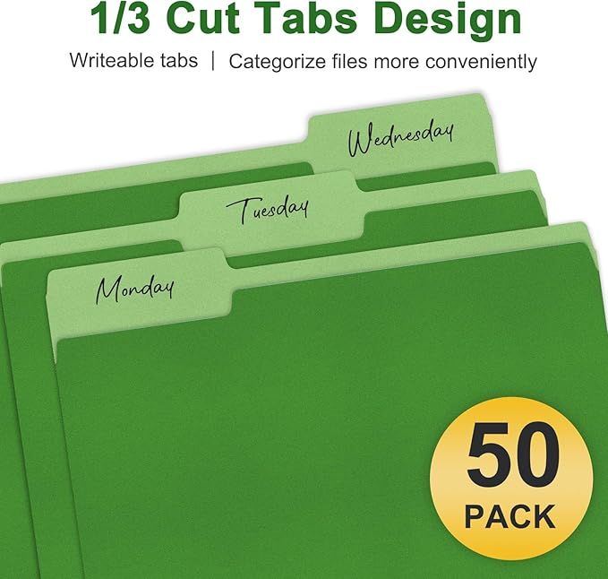 ViVin File Folder, 50 Pack Colored File Folders with 1/3-Cut Tabs, Fits 8.5 * 11 Letter Size Paper, Manilla Folders for Home Office School Documents(Green)