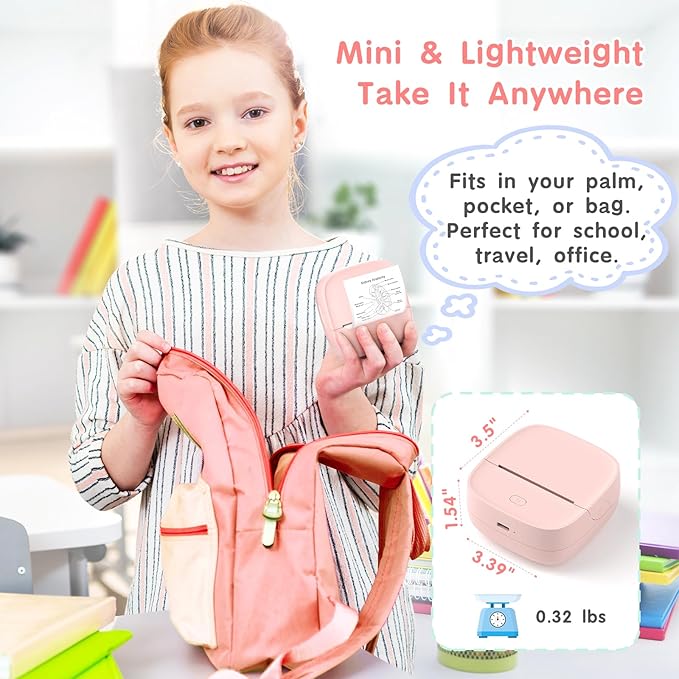 JD-23 Sticker Printer, Mini Portable Thermal Printer Print Pod, Inkless Bluetooth Label Maker Machine for DIY Crafts, Journaling, Office & Home Use, 2 Rolls Sticker Paper, Pink