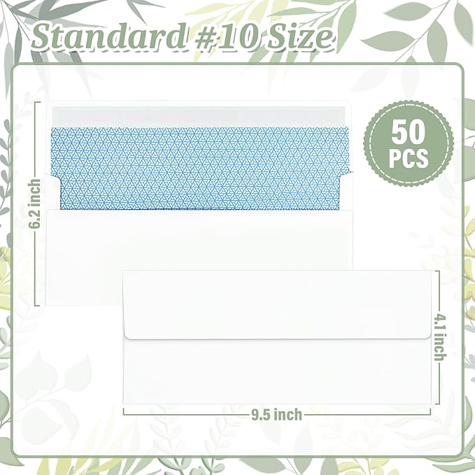 Mulbozy 50 Pcs White #10 Business Envelopes, Self Seal Standard Envelopes, Peep-proof Business Mailing Envelopes for Office, Checks, Letters, Invoices, Statements, Wedding, Size 4-1/8 x 9-1/2 inch