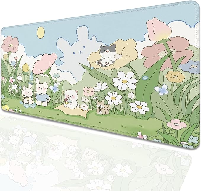 Cute Cartoon Bear Rabbit Cat and Flowers Extended Desk Pad Mouse Pad,Stitched Edges Non-Slip Rubber Base XL Mouse Mat Desk Mat for Office Home Work Floral Mousepad(27.5X11.8 Inch)